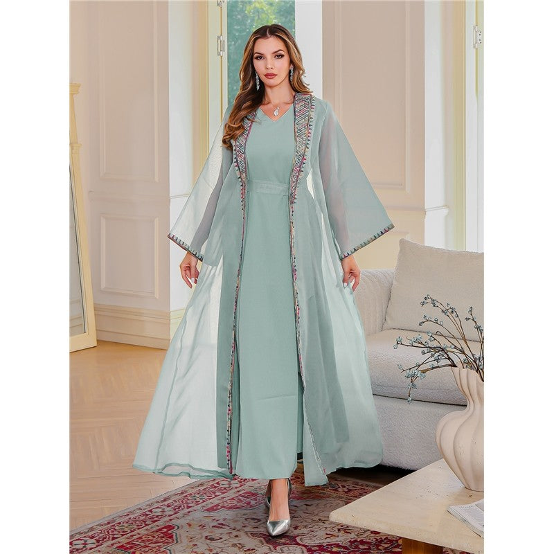 Embroidered Mesh Long Sleeve Dress