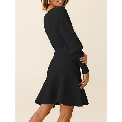Puff Sleeves Wrap Solid Color Round-Neck Mini Dresses