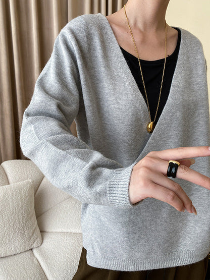 Long Sleeves Loose Asymmetric Buttoned V-Neck Cardigan Tops