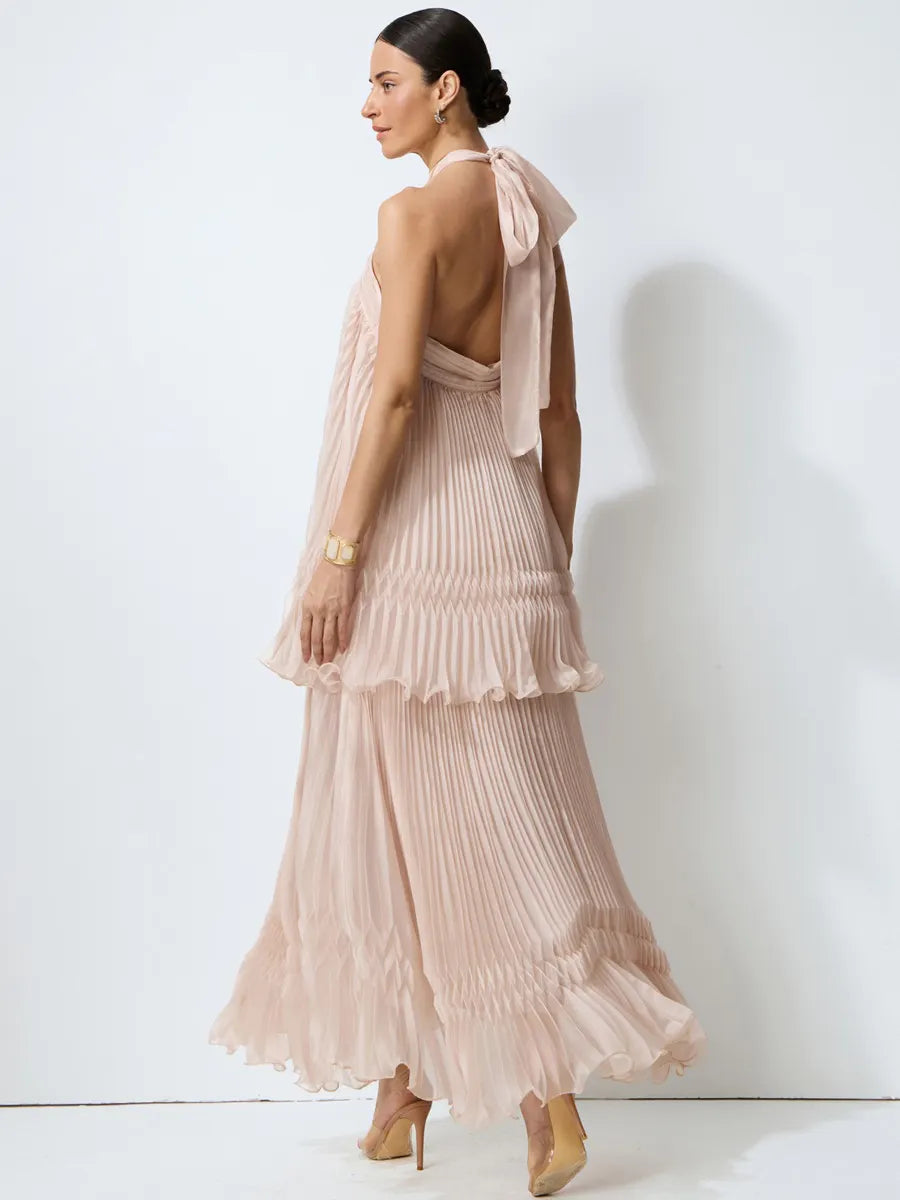 Skylar Pink Halter Neck Pleated Maxi Dress