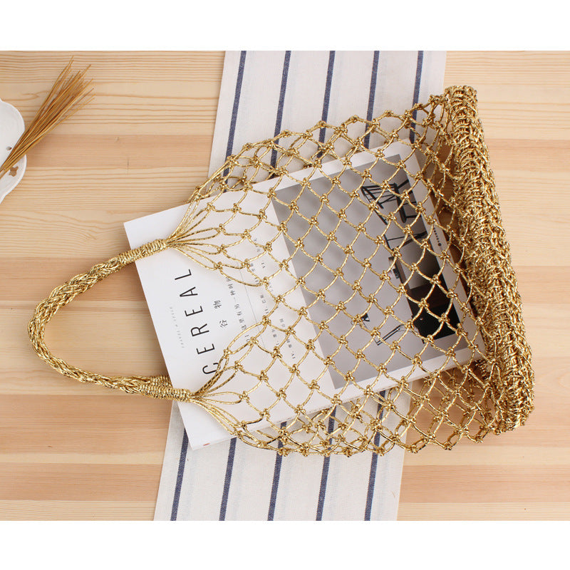 Crochet Market Bag Gold Silver Thread Hand Crochet Bag