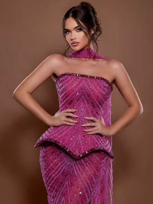 Adela Strapless Rhinestone Maxi Dress In Pink