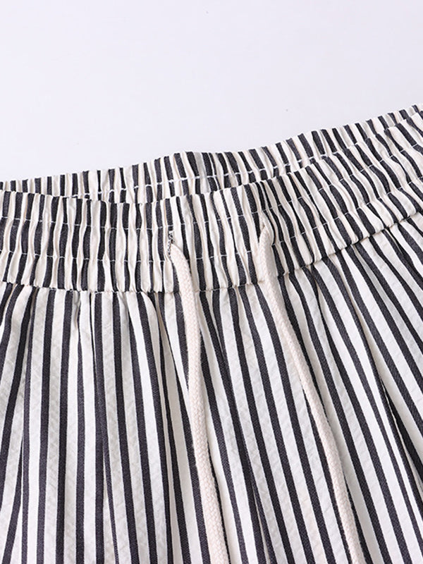 High Waisted Wide Leg Contrast Color Elasticity Split-Joint Striped Pants Trousers