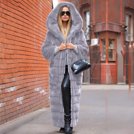Thick Long Plush Hooded Faux Fur Coat