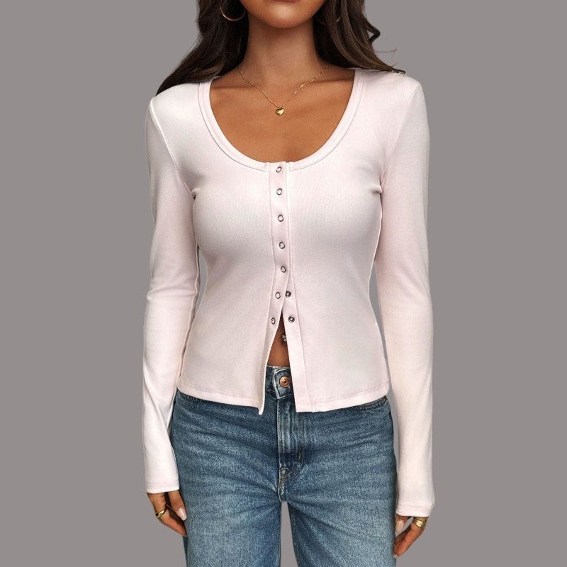 Long Sleeve U-Neck Polyester T-Shirt Jacket Solid Color