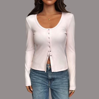 Long Sleeve U-Neck Polyester T-Shirt Jacket Solid Color