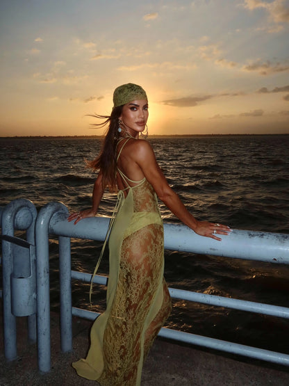 Liora Halter Lace Mesh Maxi Dress In Sage
