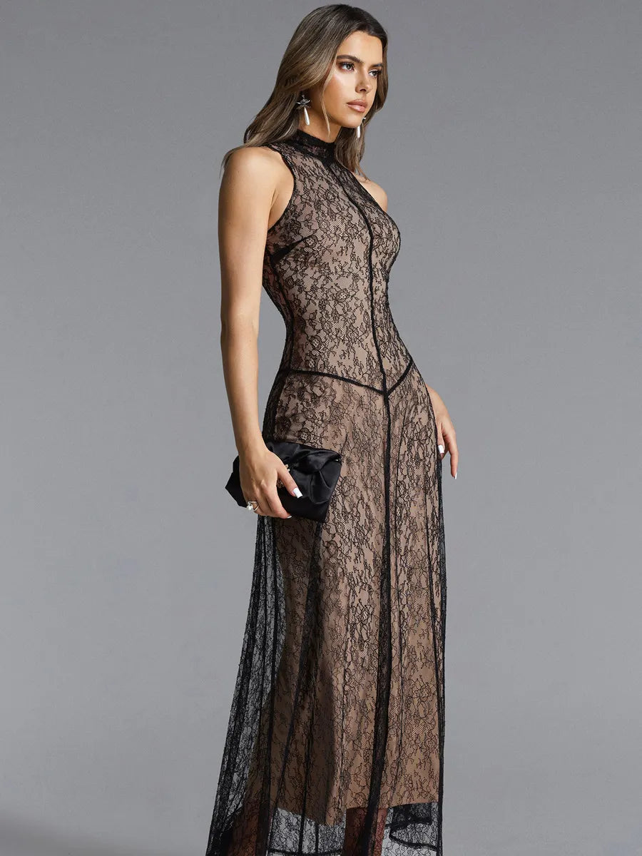 Genevieve Romantic Contour Halter Sleeveless Lace Maxi Dress