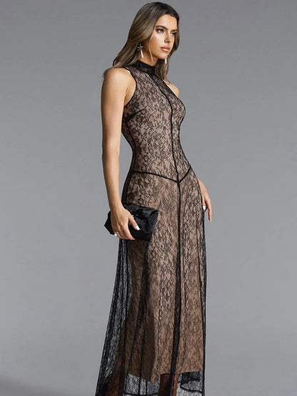 Genevieve Romantic Contour Halter Sleeveless Lace Maxi Dress