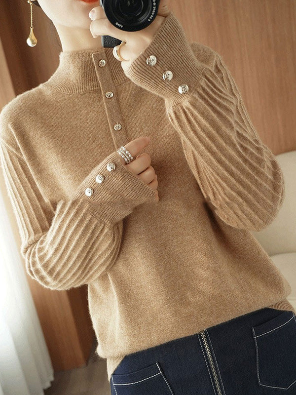 Casual Puff Sleeves Long Sleeves Solid Color Half Turtleneck Sweater Tops