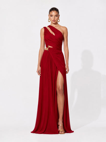 Nora Pleated Cut-Out One-Shoulder Maxi Dress