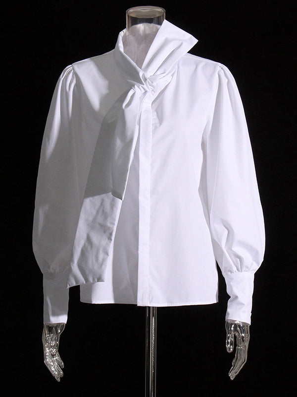 Solid Color Loose Buttoned Bowknot Puff Sleeves Blouses