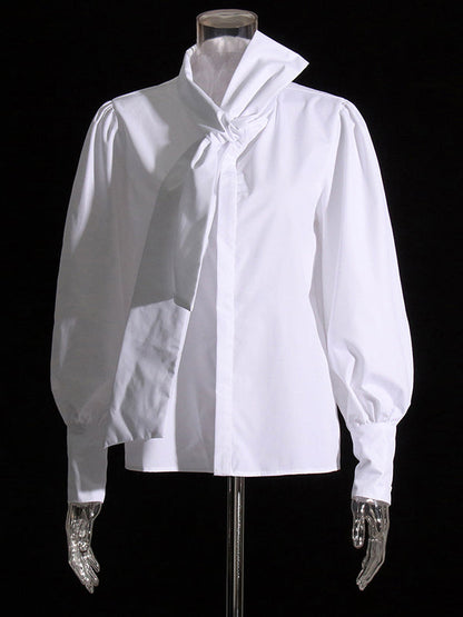 Solid Color Loose Buttoned Bowknot Puff Sleeves Blouses