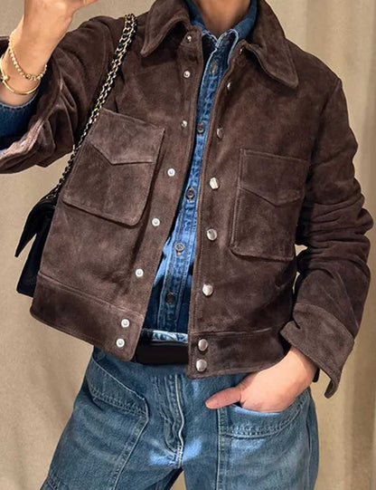 Casual Lapel Collar Suede Single Button Cropped Coat