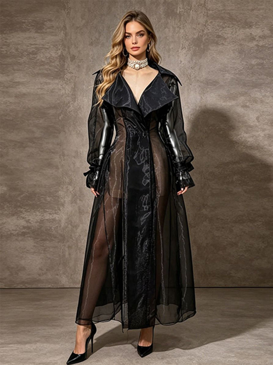 Talia Long-Sleeve Chiffon Lapel Long Coat