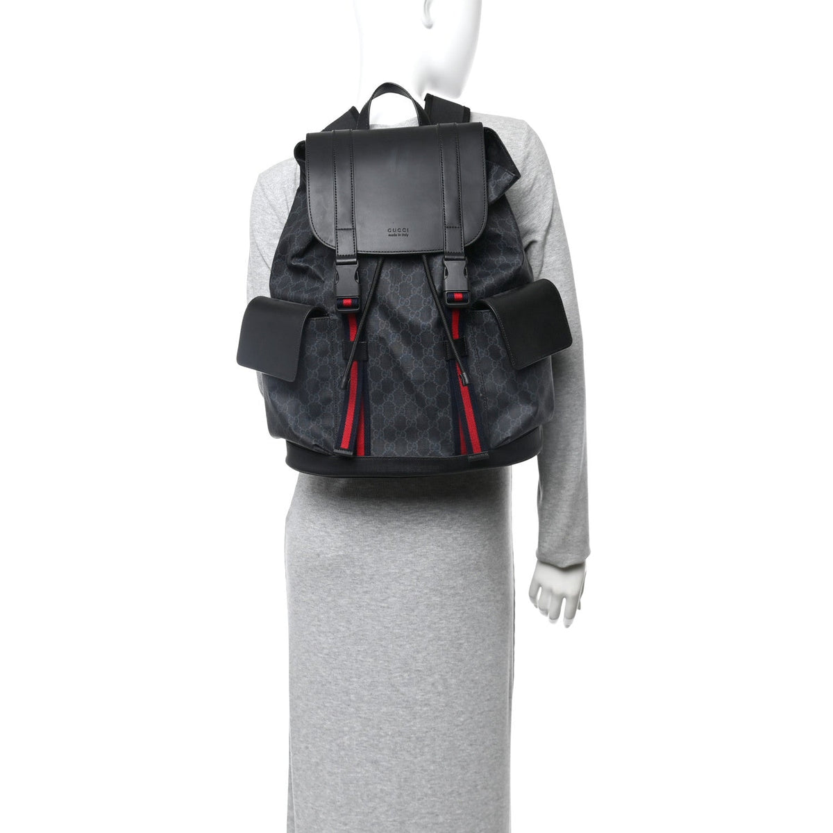 Soft GG Supreme Monogram Calfskin Web Double Buckle Backpack Black