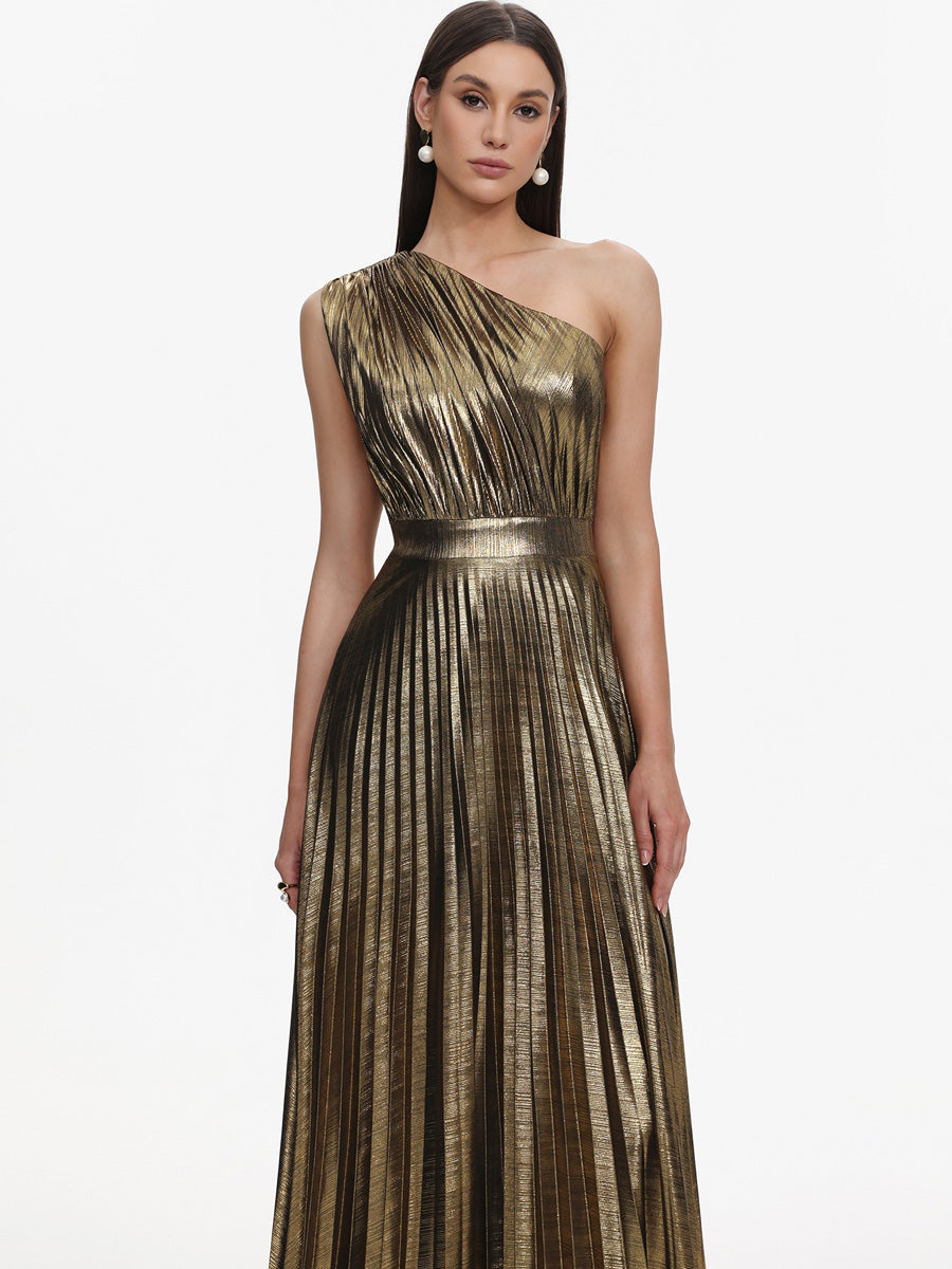 Lila Glamorous One Shoulder Pleated Metallic Maxi Dress