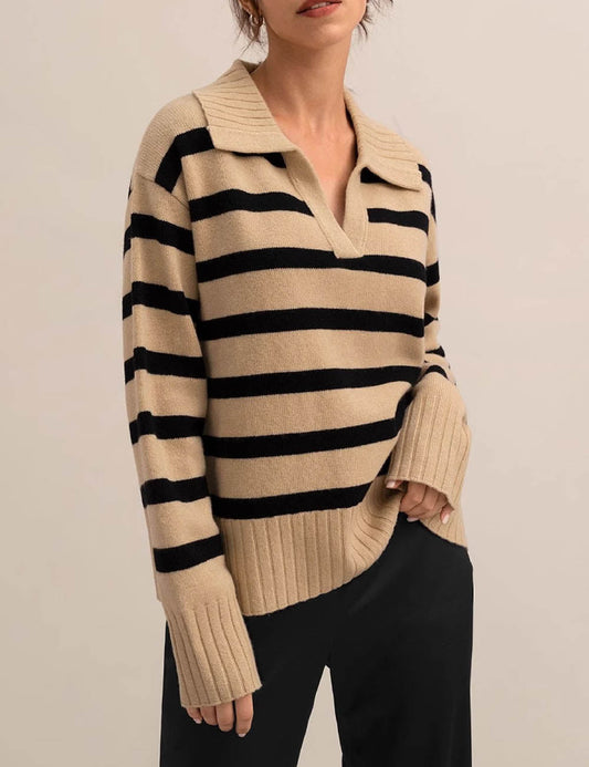 Winter Polo Collar Striped Knit Pullover Sweater