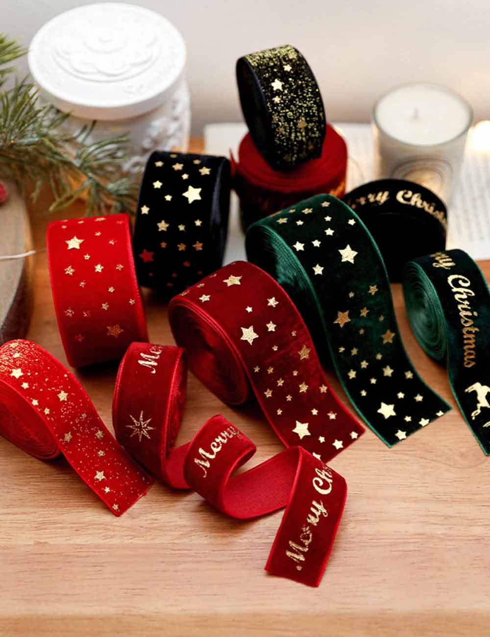 Christmas Velvet Gold Foil Bow Ribbon