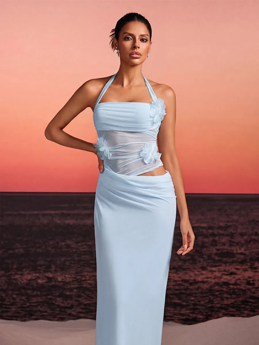 Arielle Halterneck Flower Maxi Dress In Sky