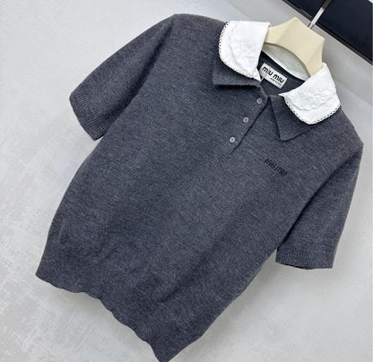 Miu Cashmere Polo Slate Gray Wool 350385