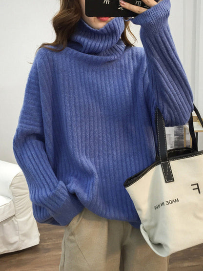 Casual Long Sleeves Loose Solid Color High-Neck Sweater Tops