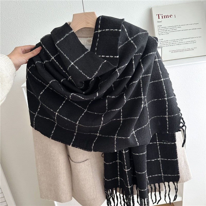 Color Block Plaid Fringe Scarf