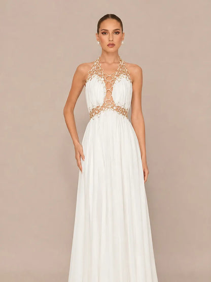 Natalia Handcrafted Deep-V Cut-Out Maxi Dress In White
