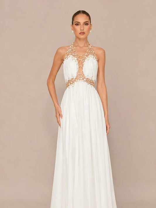 Natalia Handcrafted Deep-V Cut-Out Maxi Dress In White