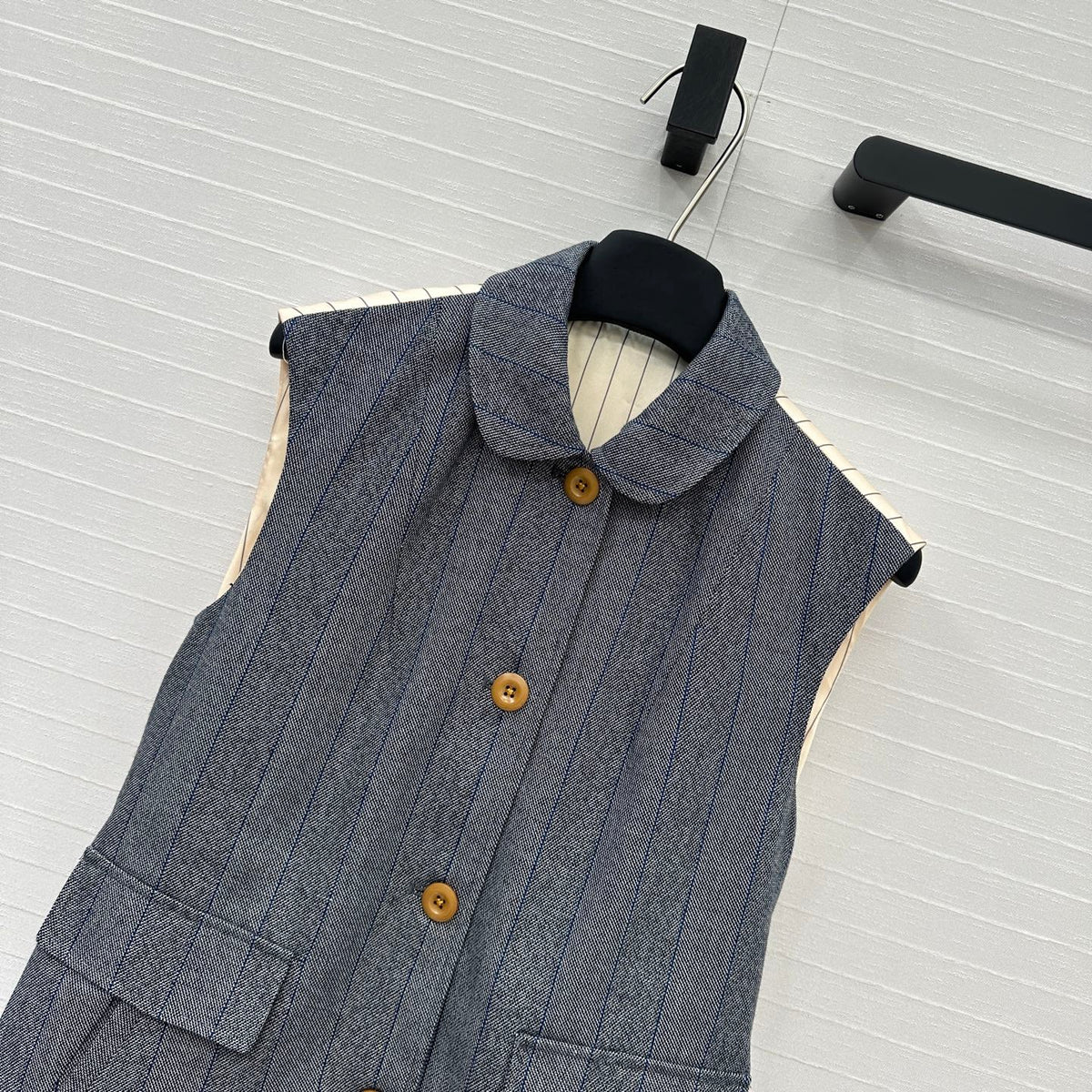 Prada 25 Striped Vest Jacket Grey Wool Cotton Polyester