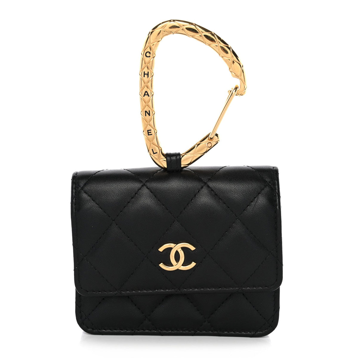 Lambskin Quilted CC Hook Card Holder Black