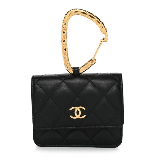 Lambskin Quilted CC Hook Card Holder Black