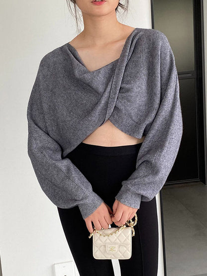 Batwing Sleeves Long Sleeves Knot Solid Color V-Neck Pullovers Sweater Tops