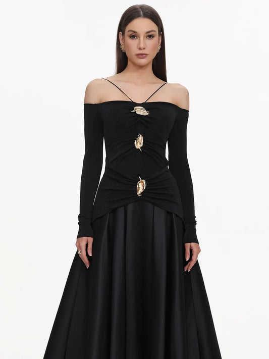 Luciana Halter Off-The-Shoulder Long Sleeves Black Maxi Dress