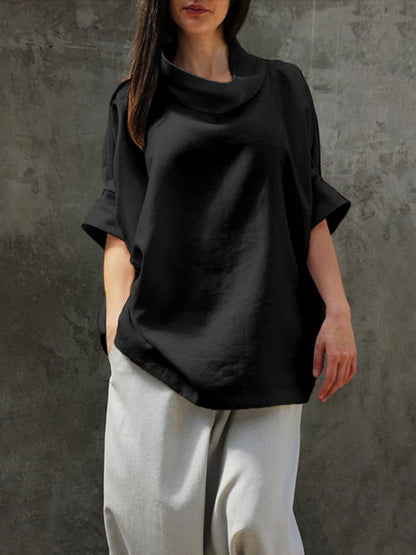 Simple Casual Loose Solid Color High-Neck Half Sleeves T-Shirt Top