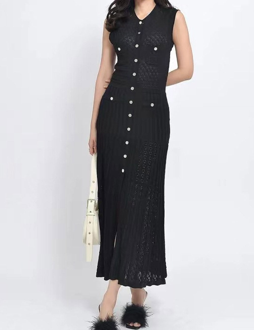 Round Neck Button Down Sleeveless Knit Dress