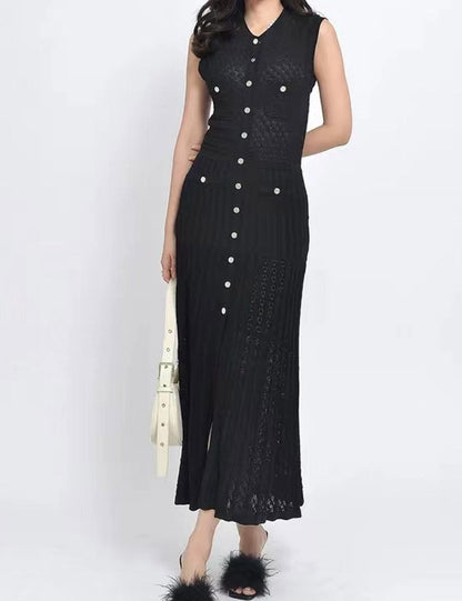 Round Neck Button Down Sleeveless Knit Dress