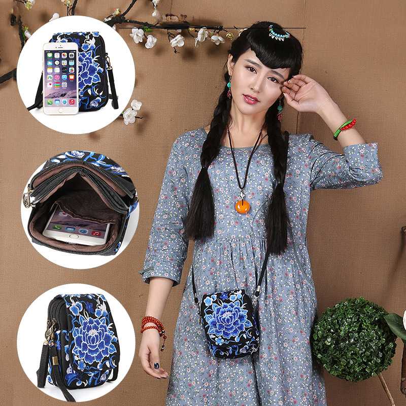 Colorful Cloud Emblem Embroidery Zero Wallet Large Screen Mobile Phone Bag Women'S Crossbody Bag Small Handbag Mini Embroidery Retro Bag