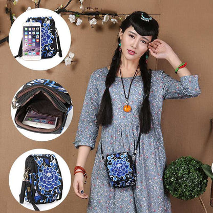 Colorful Cloud Emblem Embroidery Zero Wallet Large Screen Mobile Phone Bag Women'S Crossbody Bag Small Handbag Mini Embroidery Retro Bag