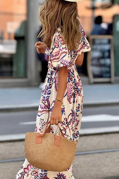 Unique Print V-Neck Waist Holiday Maxi Dress
