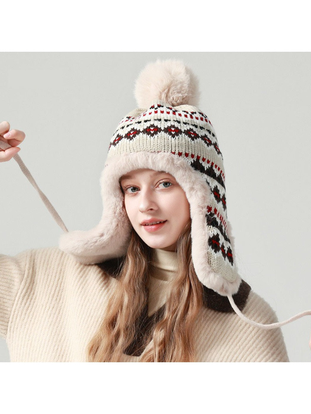 Haila - Jacquard Patterned Fleece-Lined Knitted Beanie with Earflaps