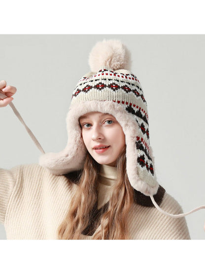 Haila - Jacquard Patterned Fleece-Lined Knitted Beanie with Earflaps