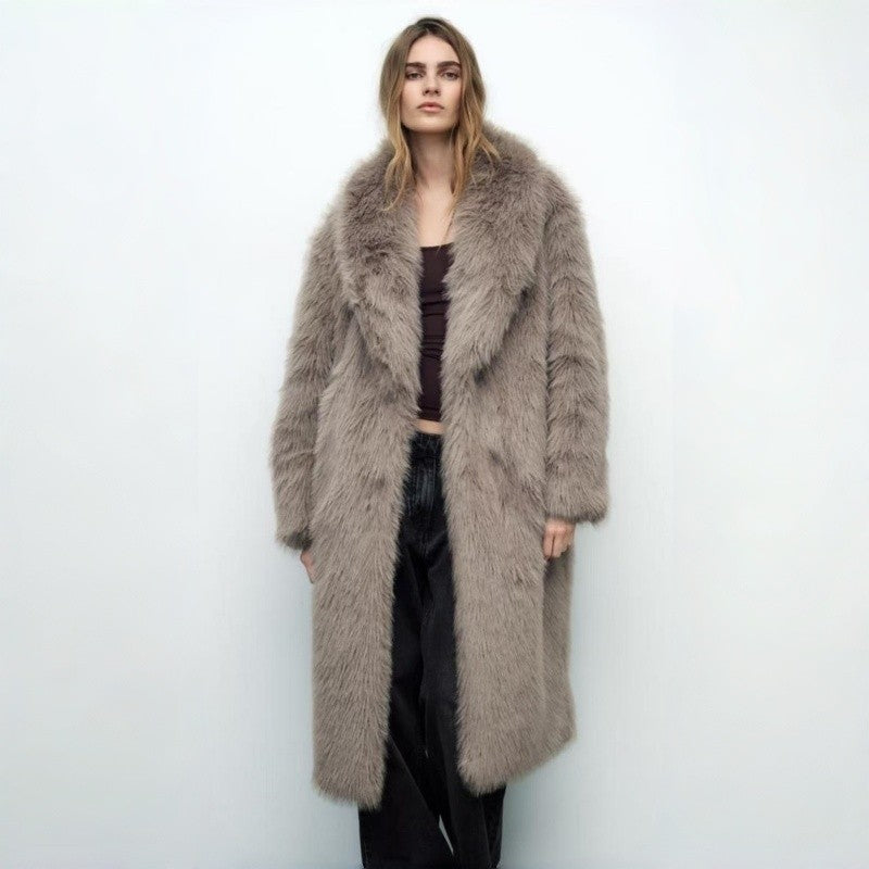 Long Fox Fur Collar Faux Fur Coat Women Fashion