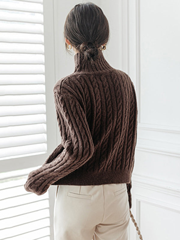 Casual Long Sleeves Loose Solid Color High-Neck Sweater Tops
