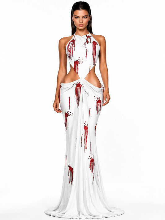 Sabrina Pleated Cut-Out Metallic Tassel Maxi Dress In White