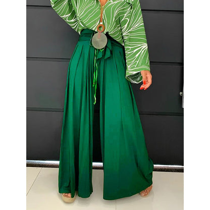 Loose Wide Leg Pleated Solid Color Tied Waist Pants Trousers