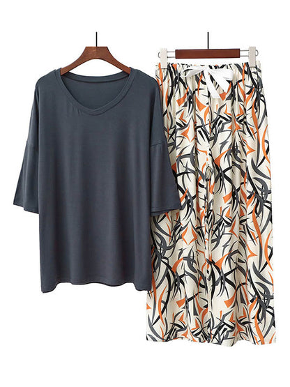 Casual Loose Seven-Quarter Sleeves V-Neck Shirts& Printed Pants Pajama Sets