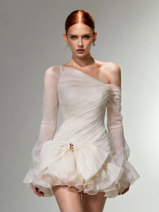 Saskia Off-Shoulder Bow-Detail Puff-Sleeve Mini Dress