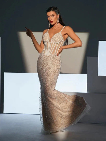 Dion Spaghetti Pearl Embellished Sequin Dress