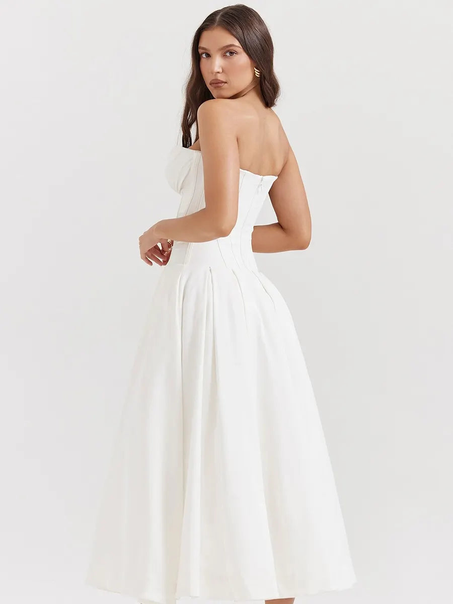 Aria Off-Shoulder Corset Midi Dress In White